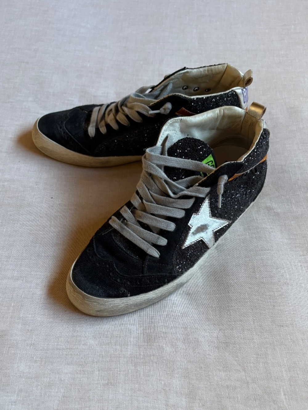 Golden Goose Sneakers Mid Star in Black Glitter with Silver Star | Size 38